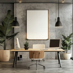 Modern minimalist office interior with computer, plants, and blank poster frame on concrete wall, ideal for productivity and design themes.