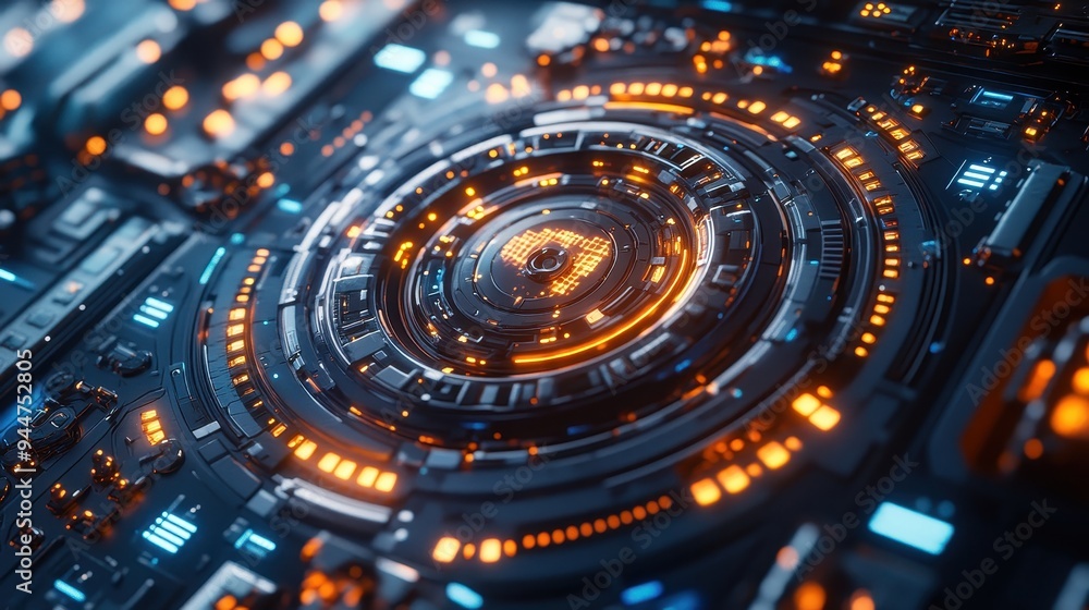 Poster futuristic tech interface with glowing lights and circular design