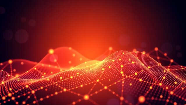 Futuristic wave of red and blue dots, forming a gradient line on a dark background. Suitable for technology themes, data flow, and innovative designs.