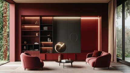 Modern Living Room with Burgundy Accents and a Large Window