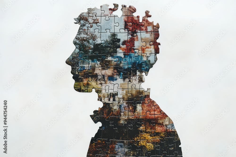 Poster silhouette of human head with layered puzzle pieces representing the depth of thought identity and t