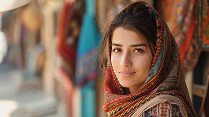 Obraz premium Young woman with dark hair and a warm smile, wearing a colorful headscarf, standing in a vibrant market, surrounded by richly patterned fabrics and a soft