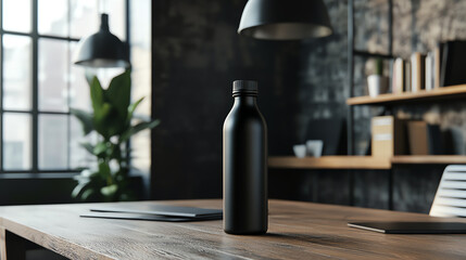 A sleek black water bottle on a wooden desk in a modern office setting with natural light and minimalistic decor.