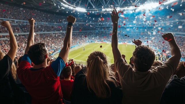 Excited fans celebrate a thrilling moment during a soccer match in a packed stadium with colorful confetti flying in the air