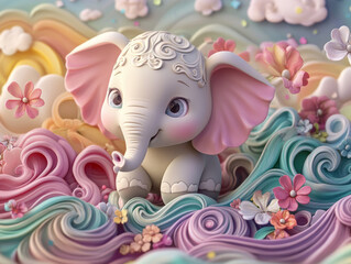 Whimsical 3D Claymation Elephant in Colorful Waves and Flowers | Anime-style Luxury Animation Art