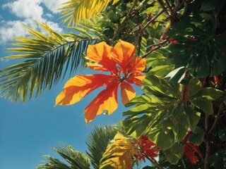 Tropical leafs and blue sky