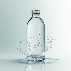Clear glass bottle with water droplets splashing around it, captured in minimalistic style with a soft white background.