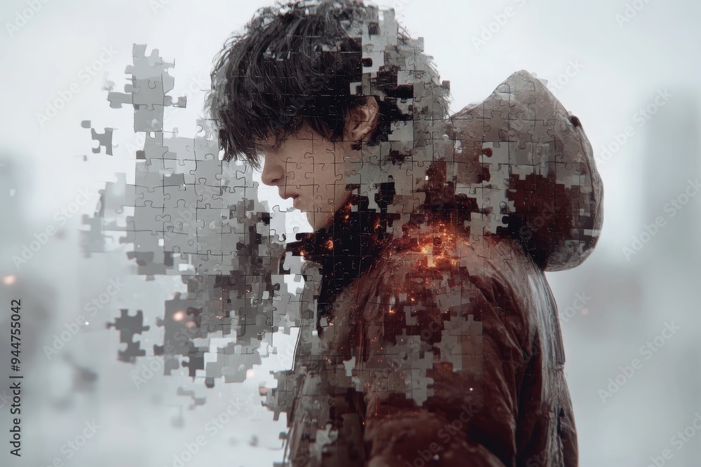 Poster boy with fragmented puzzle body in a foggy landscape representing the disintegration of identity mem