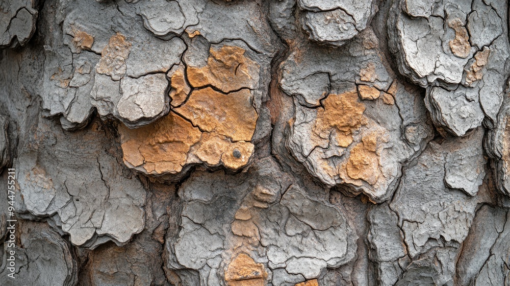 Poster close-up of gray and orange tree bark with deep cracks and fissures