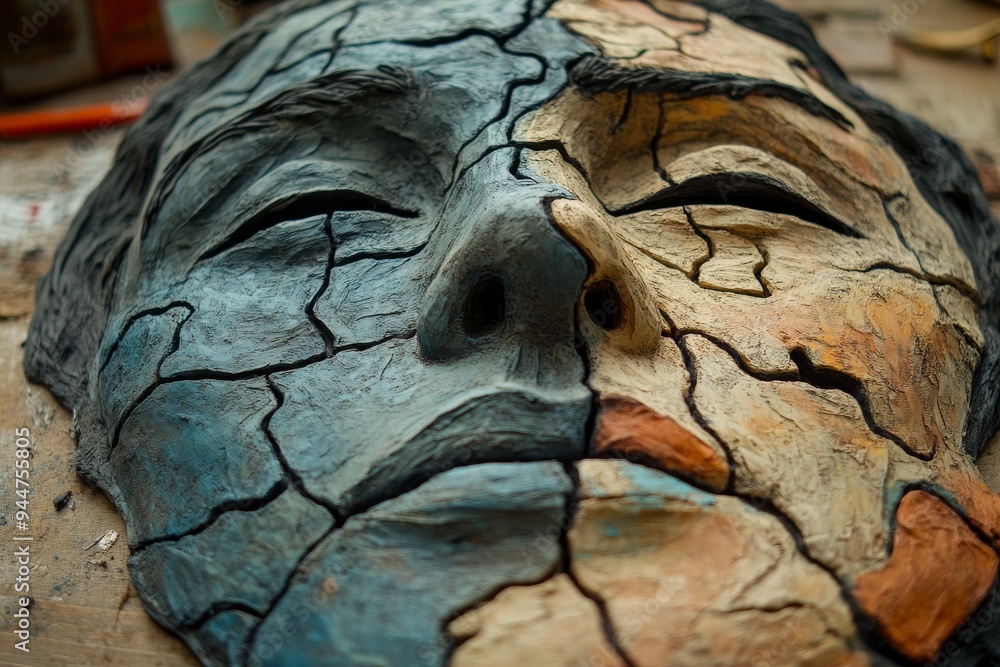 Poster fragmented stone face sculpture depicting the erosion of identity memory and the passage of time in 