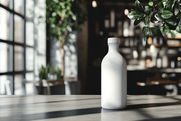 Minimalist white bottle on a wooden table in a sunlit modern cafe with plants and blurred background.