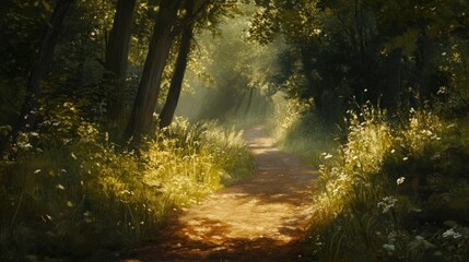 Obraz premium A Sunlit Path Through a Lush Forest