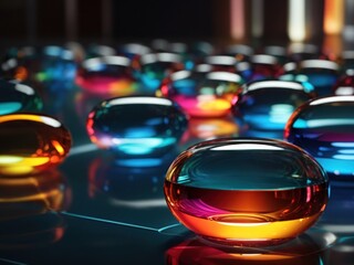 Glass circle shapes with colorful reflections composition. 3d rendering illustration.