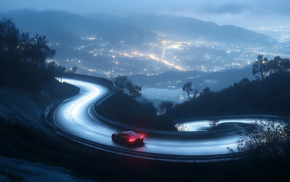 Precision Driving on Steep Touge Descent with Hairpin Turns and Distant City Lights