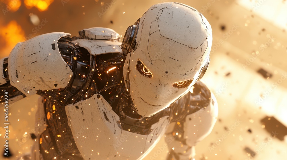 Poster futuristic robot with glowing eyes in explosion background