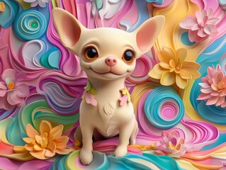 Whimsical 3D Claymation Chihuahua Surrounded by Colorful Waves and Flowers