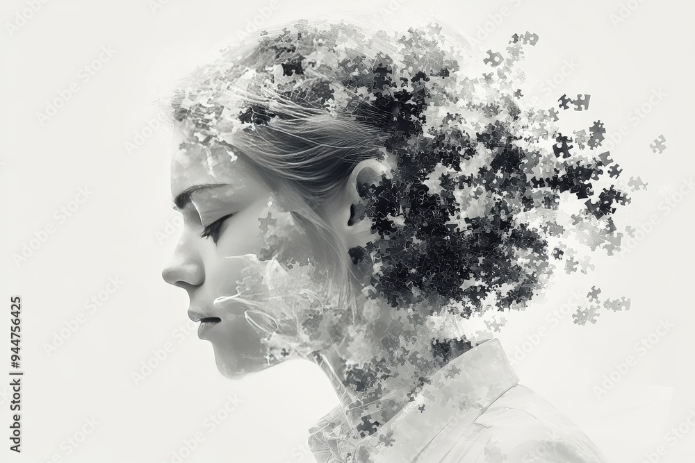Aufkleber ethereal portrait of woman dissolving into puzzle pieces representing the fragility of identity memo