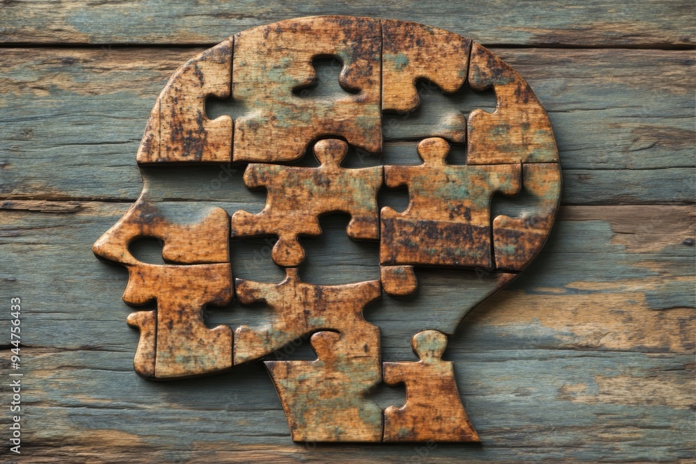 Aufkleber rustic wooden puzzle head on weathered background depicting the natural complexity of human thought 