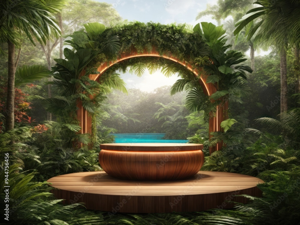 Wall mural Wooden podium in tropical forest for product presentation