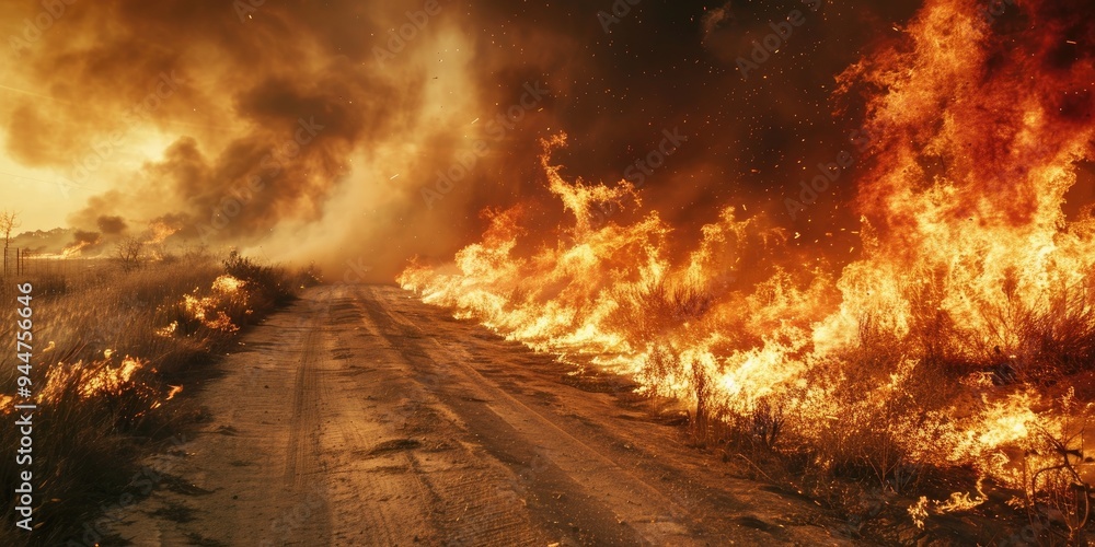 Poster Field engulfed in flames near a dusty roadway Outbreak of wildfire Bushfire in the vicinity