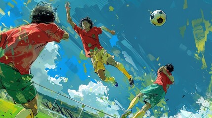 Storyboard-style sketch, with a classic and relaxed style of a soccer player performing headers in stadium field