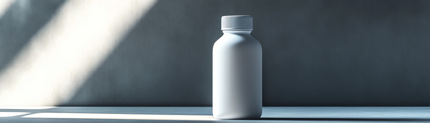 Minimalistic photo of a plain white plastic bottle displayed under natural light, casting shadows in a serene, studio setting.