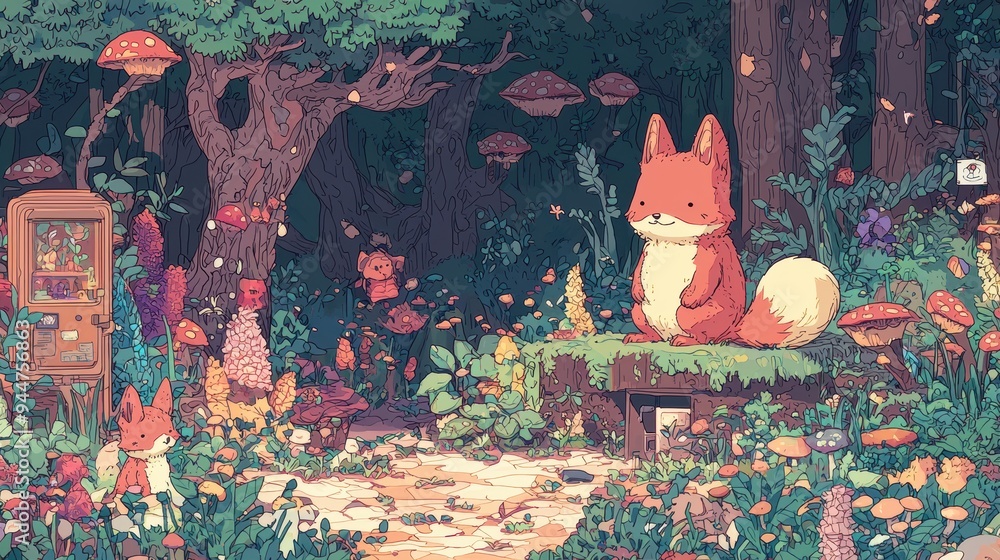 Sticker cute fox in a magical forest with mushrooms and flowers