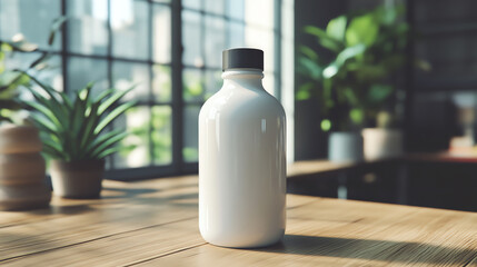 Minimalistic white bottle with black cap on wooden table in bright modern interior with green plants and large windows.