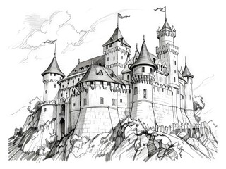 Fototapeta premium Detailed Pen and Ink and Pencil Sketch of a Majestic Castle