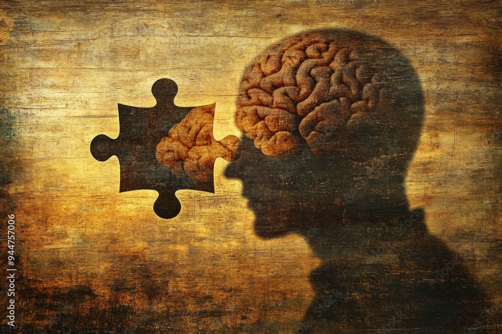 Poster silhouette of human head with missing puzzle piece depicting the complexity of memory thought and th