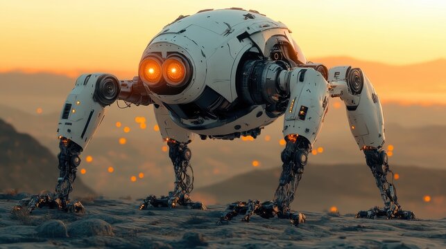 Futuristic Robot Exploring Alien Planet at Sunset