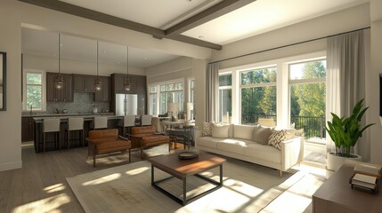 Modern Living Room with Kitchen and Large Windows