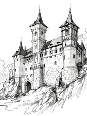 Detailed Pen and Ink and Pencil Sketch of a Majestic Castle