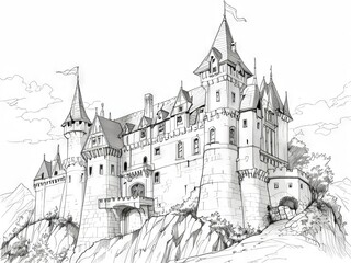 Obraz premium Detailed Pen and Ink and Pencil Sketch of a Majestic Castle