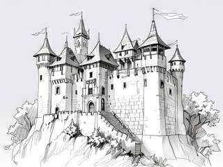 Obraz premium Detailed Pen and Ink and Pencil Sketch of a Majestic Castle