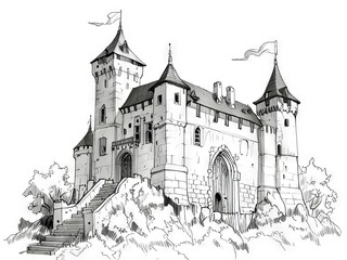 Obraz premium Detailed Pen and Ink and Pencil Sketch of a Majestic Castle