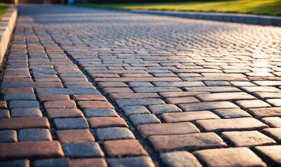 Fototapeta premium A cobblestone path in the evening light, with a soft glow reflecting off the stone