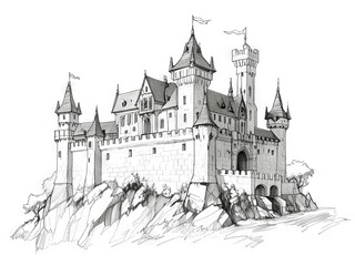 Obraz premium Detailed Pen and Ink and Pencil Sketch of a Majestic Castle