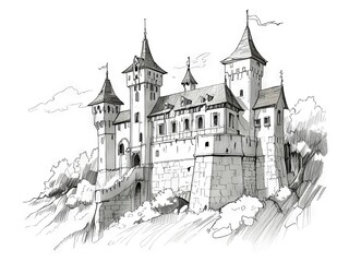 Obraz premium Detailed Pen and Ink and Pencil Sketch of a Majestic Castle