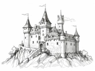 Detailed Pen and Ink and Pencil Sketch of a Majestic Castle