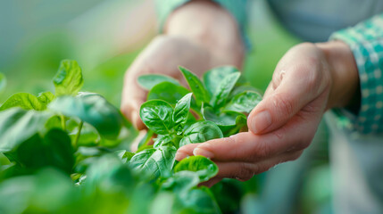 Hands Tending Fresh Basil Plants in Sustainable Greenhouse