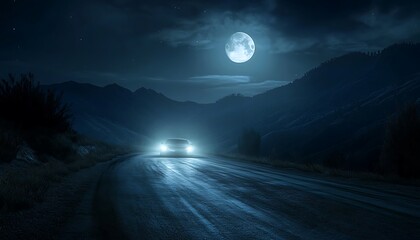 Moonlit Touge Road Racing with Car’s Headlights Piercing the Serene Night