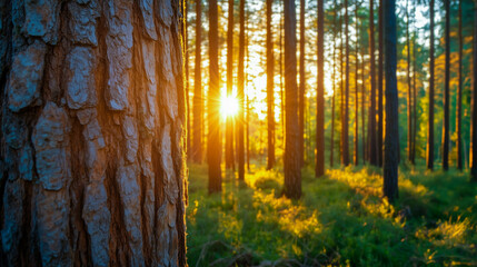 Obraz premium Sunlight Streaming Through a Lush Forest at Sunrise
