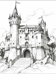 Fototapeta premium Detailed Pen and Ink and Pencil Sketch of a Majestic Castle