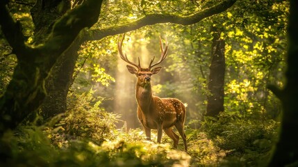 Majestic Deer in Sunlight  Green Forest Background  Wildlife Photography