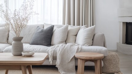 Minimalist Living Room with White Sofa and Wooden Table