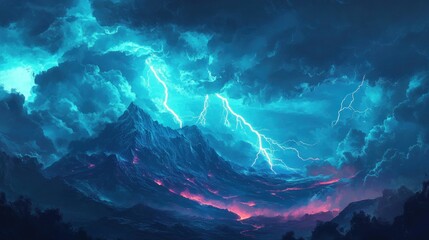 A Mountainous Landscape With Lightning Strikes and Glowing Lava Flow