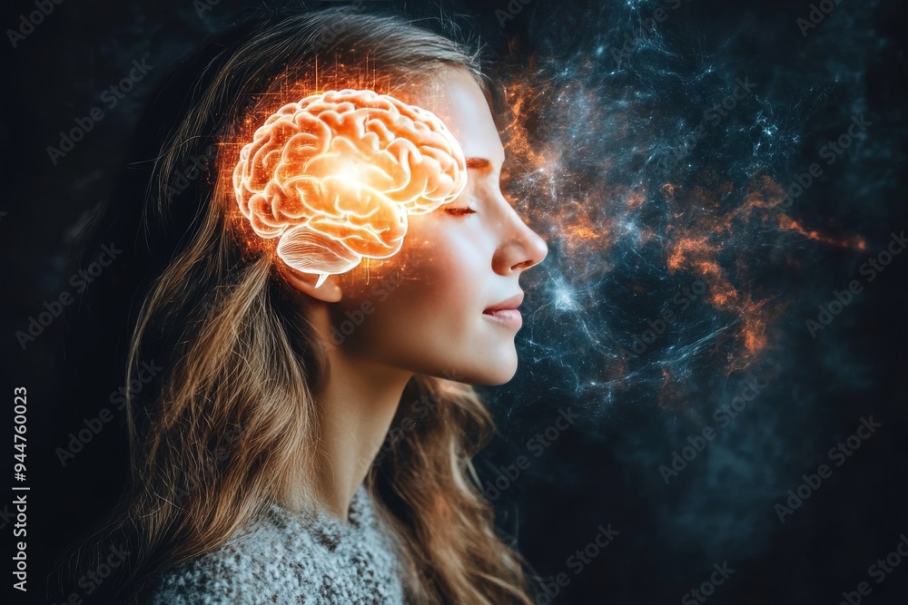 Poster digital artwork of a woman with an illuminated brain signifying the intersection of creativity intel