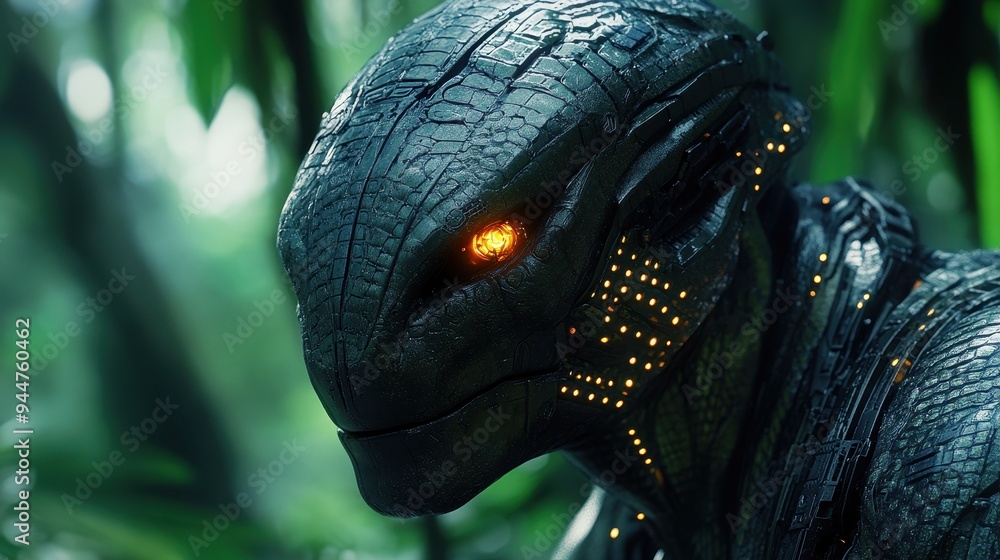 Poster futuristic robot in jungle sci fi cyborg ai artificial intelligence advanced technology cyberpunk gl