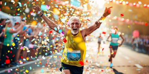 Old man finishes marathon greeted with confetti